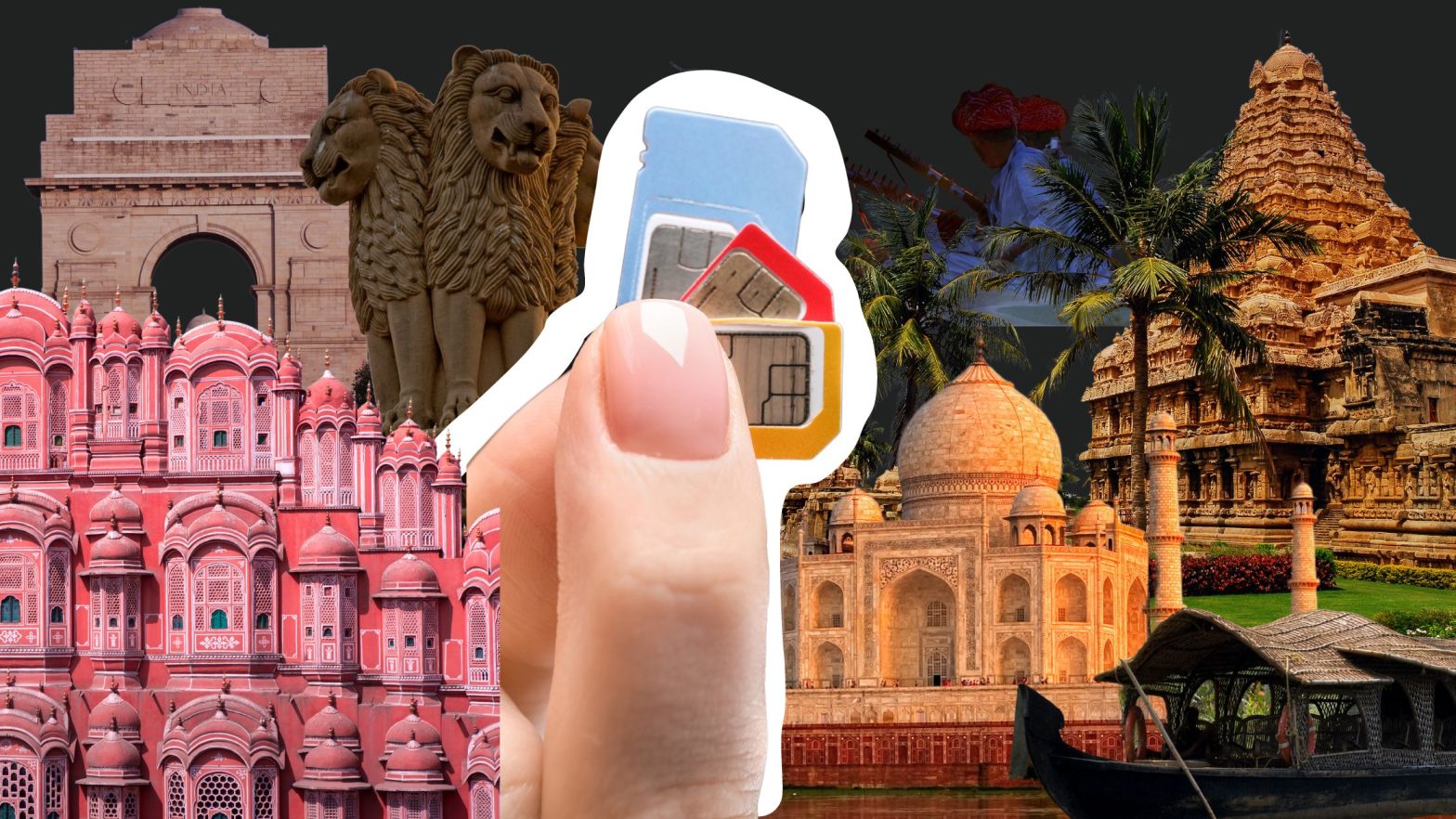 The image shows a sim card in India and various indian monuments